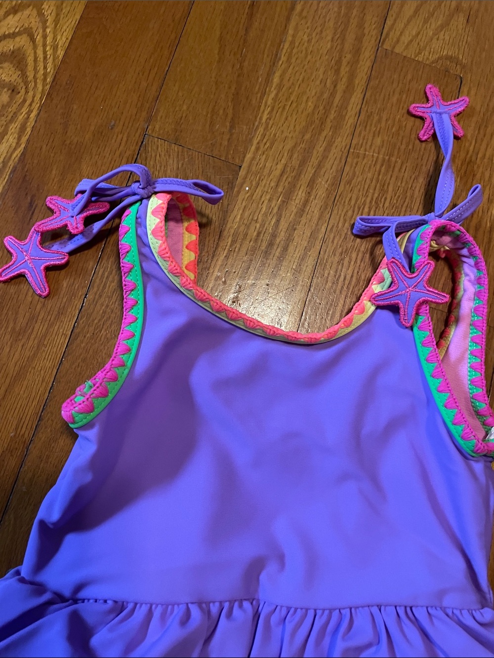 NWT Ruffle Butts 2T Purple One-Piece Swimsuit Neon Trim Star Ties Crochet Peplum - Picture 4 of 6